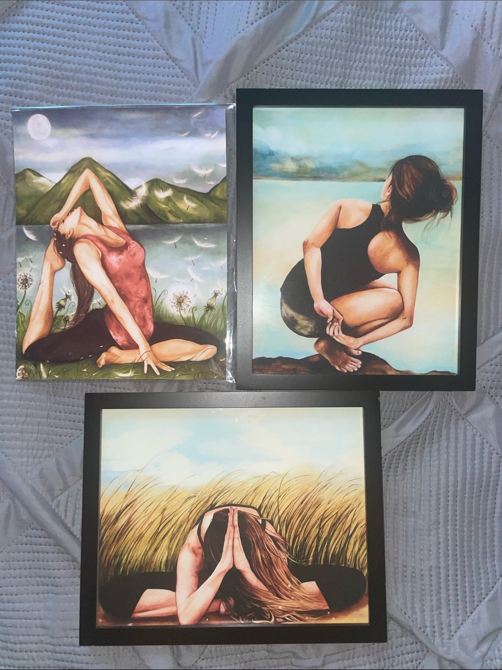 Set of 3 Etsy Yoga scene illustrations original artist brand new with frames